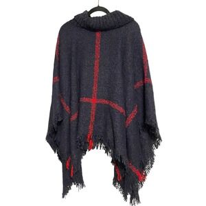 Plaid Turtleneck Knit Fringe Navy Poncho Sweater OS Boho Scandigirl Drape Winter